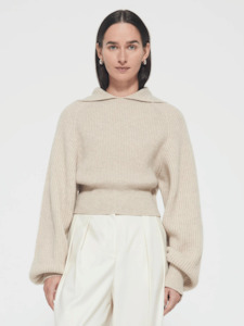 Jumpers Sweaters: Cashmere Wide Collar Knit in Stone Melange