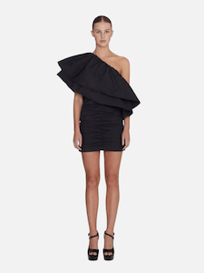 Taft Pleated One-Shoulder Dress in Black