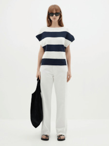 Bassike: Boatneck Cap Sleeve Knit in Ink/Natural Stripe