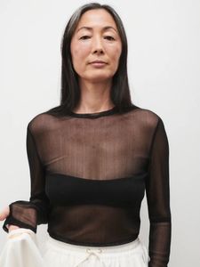 Tees Tops: Mesh Long Sleeve Top in Black