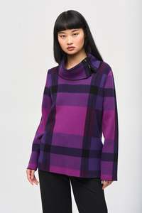 Sweaters: Joseph Ribkoff Plaid Jacquard Cowl Neck Sweater / 243943