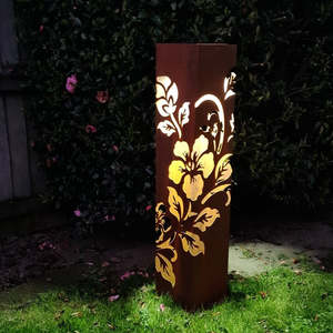 CortenAura Corten Steel Garden Sculpture Pillar - Hibiscus