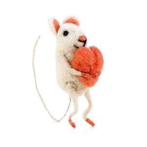 Tiny Animals: White Sitting Mouse Hugging Heart