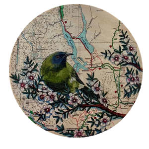 Bellbird over Central Otago Lakes Map - Plywood Wall Art