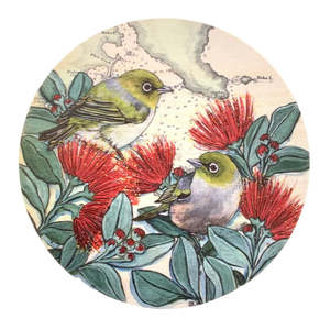 Silvereyes & Pohutakawa - Plywood Hanging Decoration