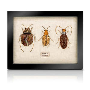 Framed Beetles 1: Beaded Trio from the Cabinet of Curiosity
