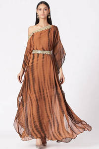 Womens Marketplace: ELENA SINGH Light Brown Tie-Dye Off Shoulder Draped Dress FOR SALE