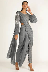 Womens Marketplace: PINK PEACOCK COUTURE Grey Embroidered Pant Saree Set FOR SALE