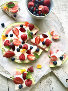Watermelon “Pizza” with Marshmallow Tangy Topping
