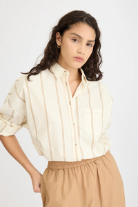 Tops: Chiara Long Sleeve Shirt Double Pinstripe | Toffee Ivory