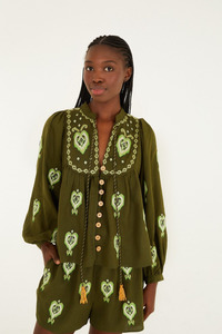 Tops: Embroidered Blouse Green