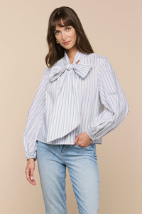Tops: Deon Tie Neck Blouse White / Thin Blue Mist Stripe