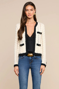 Zephyra Pointelle Knit Cardigan Ivory/ Black