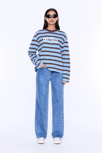 Maria Boxy Long Sleeve Tee Blue/ Brown Stripe