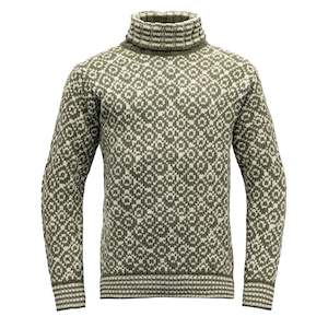 Mens Woolsweater Clothing: SVALBARD HIGH NECK OLIVE/OFFWHITE