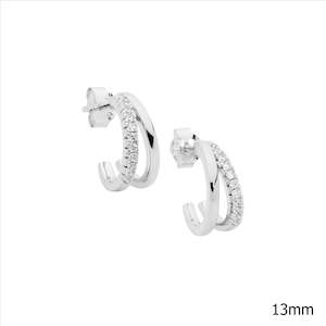 Sterling Silver 13Mm Dble Split Hoop Earrings, 1 Hoop Wh Cz