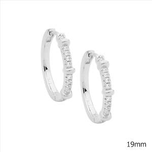Ellani: Sterling Silver 19Mm Wh Cz Hoop Earrings W/ 3X Bands