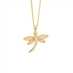 Sterling Silver Wh Cz Dragonfly Pendant W/Gold Plating