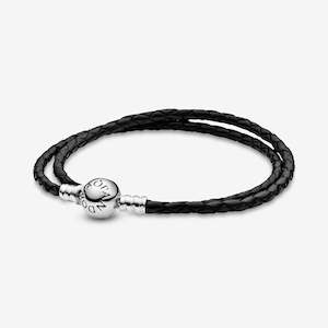 Bracelets: Silver Leather Bracelet, Double, Black
