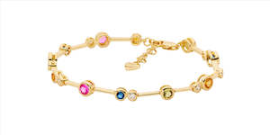 Bracelets: Sterling Silver Bezel Set Multi Colour Cz Bar Bracelet W/Ext Chain, Gold Plating