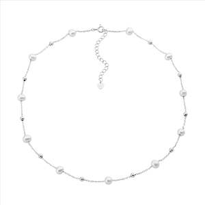 Sterling Silver Freshwater Pearl & Ball 40+5Cm Necklace