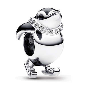 Skiing Penguin Sterling Silver Charm With Clear Cubic Zirconia And Black Enamel