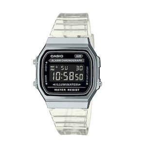 Casio: Casio Vintage A168 Digi Silver Case/ Blk Transparent Band