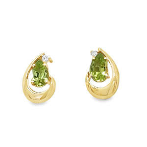 Coloured Stone Jewellery: 9ct Yellow Gold Pear Cut Peridot & Lab Grown Diamond Stud Earrings