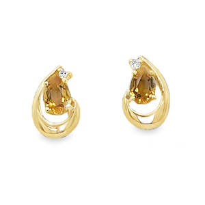 Coloured Stone Jewellery: 9ct Yellow Gold Pear Cut Citrine & Lab Grown Diamond Stud Earrings