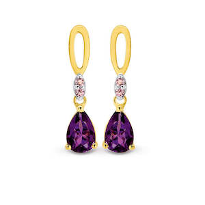 Coloured Stone Jewellery: Amethyst & Pink Tourmaline Drop Earrings