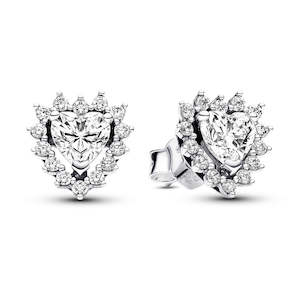 Pandora Earrings: Heart Sterling Silver Stud Earrings With Clear Cubic Zirconia