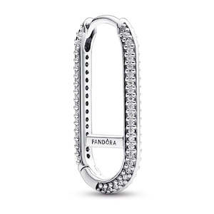 Pandora Earrings: Sterling Silver Elongated Hoop Link Earring With Clear Cubic Zirconia