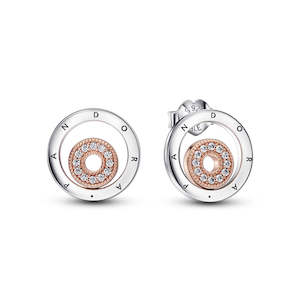 Pandora Earrings: Pandora Logo Sterling Silver And 14K Rose Gold-Plated Stud Earrings With Clear Cubic Zirconia