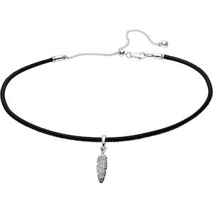Black Leather Choker W Stg Feather