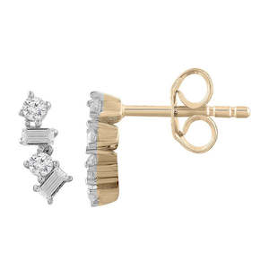 Diamond Earrings: 9ct Yellow Gold Baguette And Round Brilliant Diamond Stud Earrings