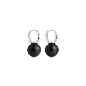 Black Onyx Ball Bead Silver Huggie Earrings