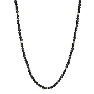 4Mm Round Black Onyx & 3Mm Yellow Gold (14K 1Mc) Plated Silver Bead Necklace, 42Cm +5Cm Ext