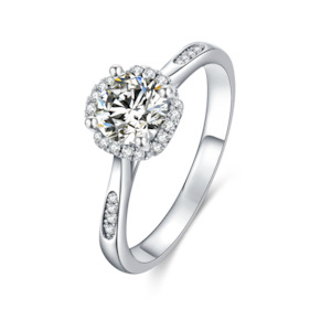 Diamond Ring: [Blossoming] Straight Arm Micro-paved 1 carat D Color Moissanite Ring in Sterling Silver