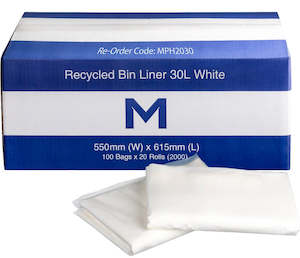 Rubbish Bins And Bags: Recycled Bin Liner 30L - White, 550mm x 615mm x 11mu (2000)