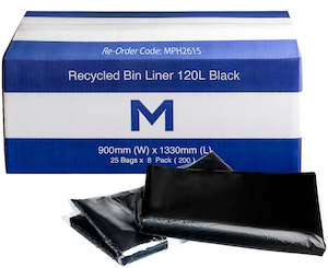 Recycled Bin Liner w/Handles 120L - Black, 900mm x 1330mm x 30mu (200)