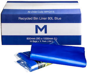 FP Recycled Bin Liner w/Handles 80L - Blue, 800mm x 1000mm x 40mu (250)