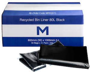 Recycled Bin Liner w/Handles 80L - Black, 800mm x 1000mm x 30mu (300)