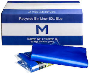 Recycled Bin Liner w/Handles 60L - Blue, 600mm x 1000mm x 30mu (500)