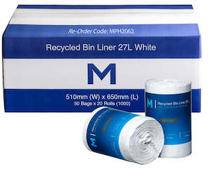 Rubbish Bins And Bags: Recycled Bin Liner w/Handles 27L - White, 510mm x 650mm x 15mu (1000)