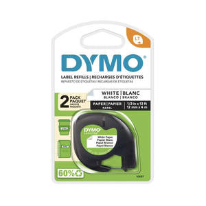 Packaging: Dymo LetraTag Labelling Tape Paper 12mmx4m Black On White Pack 2