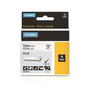 DYMO 18444 Genuine Rhino Industrial Vinyl Labels, 12mm x 5.5m, Black on White