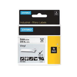 DYMO 18443 Genuine Rhino Industrial Vinyl Labels, 9mm x 5.5m, Black on White