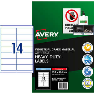 Multi Purpose Labels: Avery L7063 Heavy Duty ID Label, White, Laser Printable, 99.1mm x 38.1mm, 14's x 10 Sheets