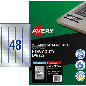 Avery L6009 Heavy Duty ID Label, 47.5mm x 21.2mm, Silver, Laser Printable, 48&ap&hellip;