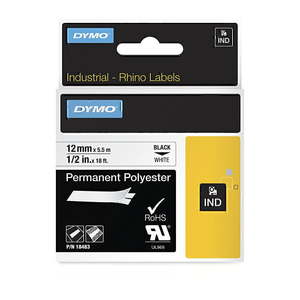 Dymo Rhino 12mm x 5.5mt Permanent Polyester Black on White Label Tape (18483)